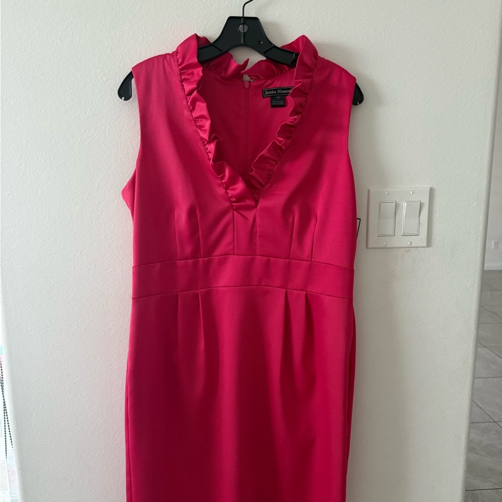 Jessica Howard Pink Sheath Dress with Ruffled V-Neck